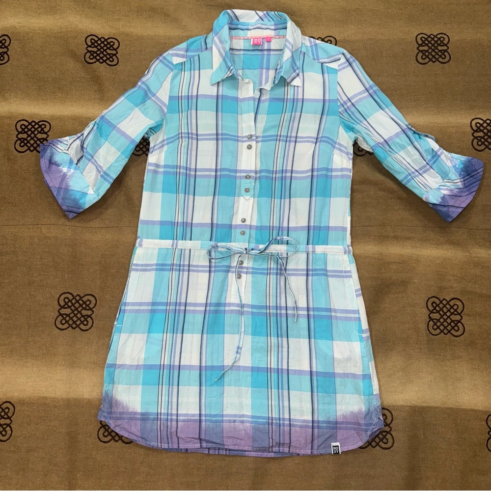 Roxy Blue White Cotton 3/4 Sleeve Plaid Shirt Dress Size S
Excellent Condition